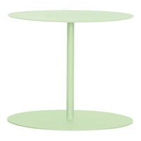 Mint green round table with two circular tiers and a slim central support, perfect for modern decor.