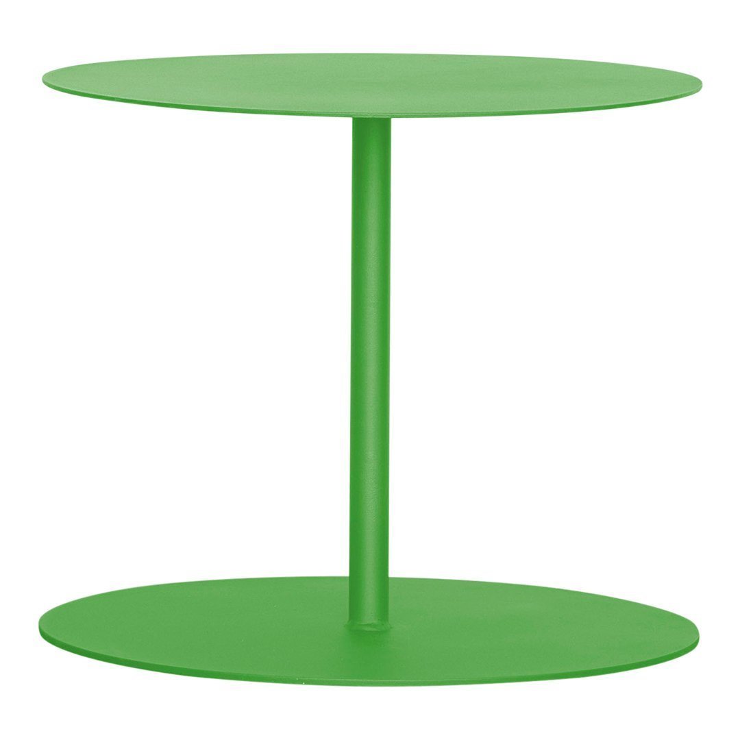 Bright green round side table with a sleek, minimalist design and two circular surfaces. Perfect for modern decor.
