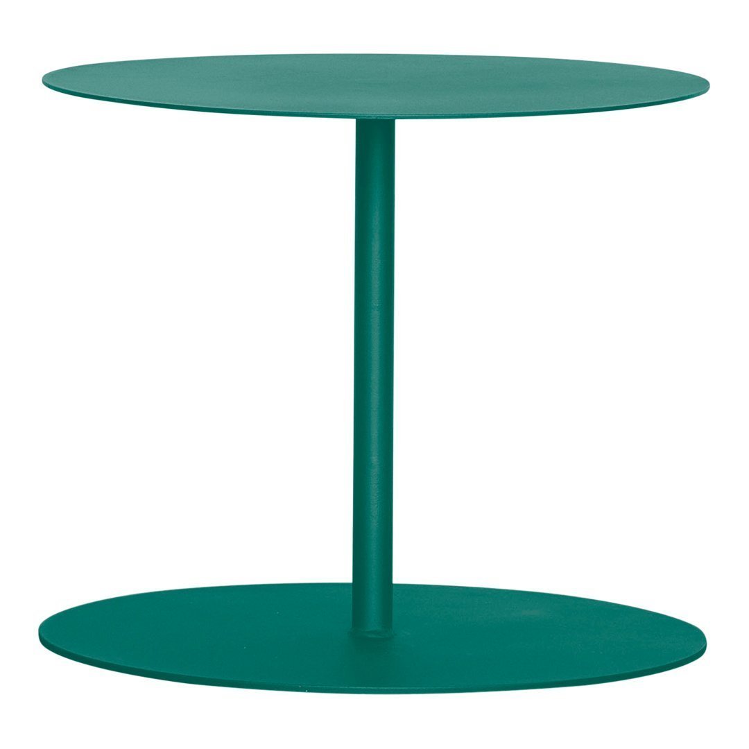 Teal circular side table with smooth surfaces and minimalist design, featuring two round platforms.