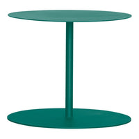 Teal circular side table with smooth surfaces and minimalist design, featuring two round platforms.