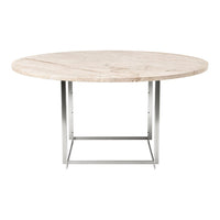 Round beige marble dining table with subtle veining and a modern silver metal base. Perfect for elegant dining spaces.
