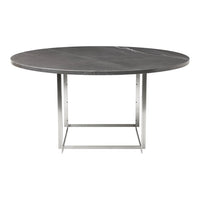 Round black marble dining table with subtle white veining and a sleek silver metal base. Perfect for modern decor.