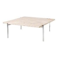 Square marble coffee table with a light beige top and sleek silver metal legs, featuring a smooth, minimalist design.