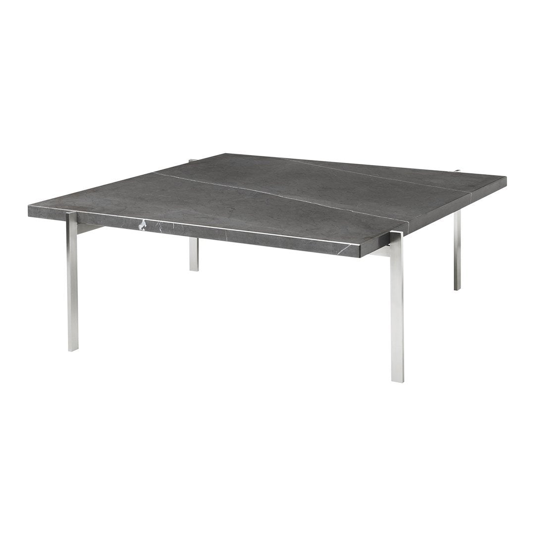 Stylish square table with a smooth, dark gray top and sleek metal legs, perfect for modern decor.