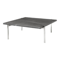 Stylish square table with a smooth, dark gray top and sleek metal legs, perfect for modern decor.