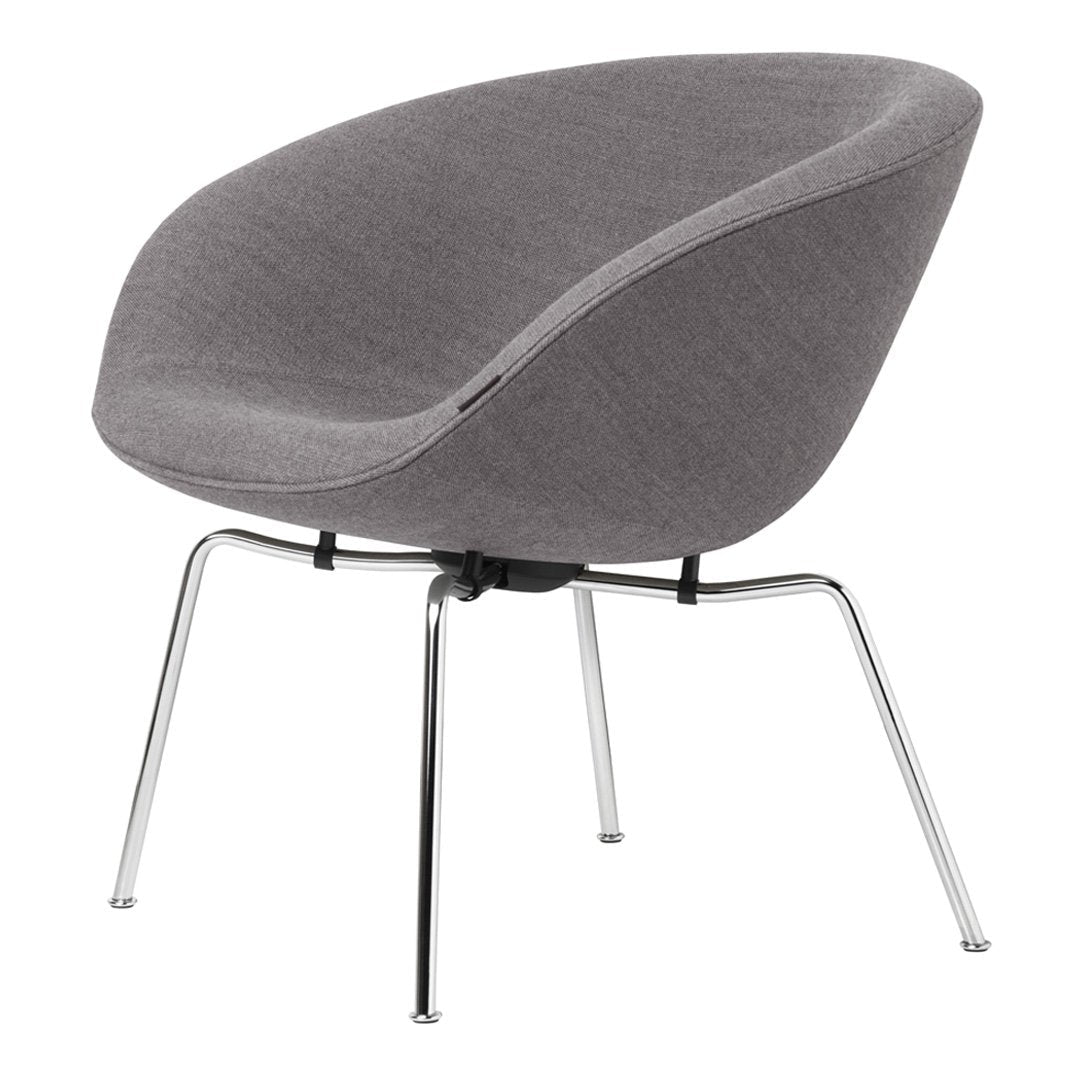 Gray upholstered chair with a smooth fabric texture and sleek chrome legs, minimalistic design, versatile for any decor.