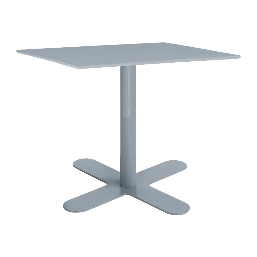 Square gray table with a minimalist design and smooth, solid surface, featuring a sleek cross-shaped base.