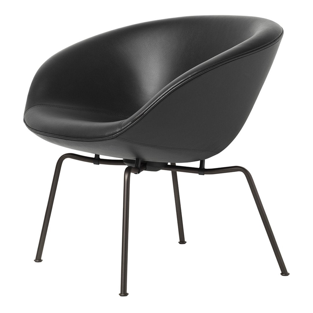 Sleek black leather chair with a smooth, modern design and sturdy metal legs. Ideal for contemporary decor.