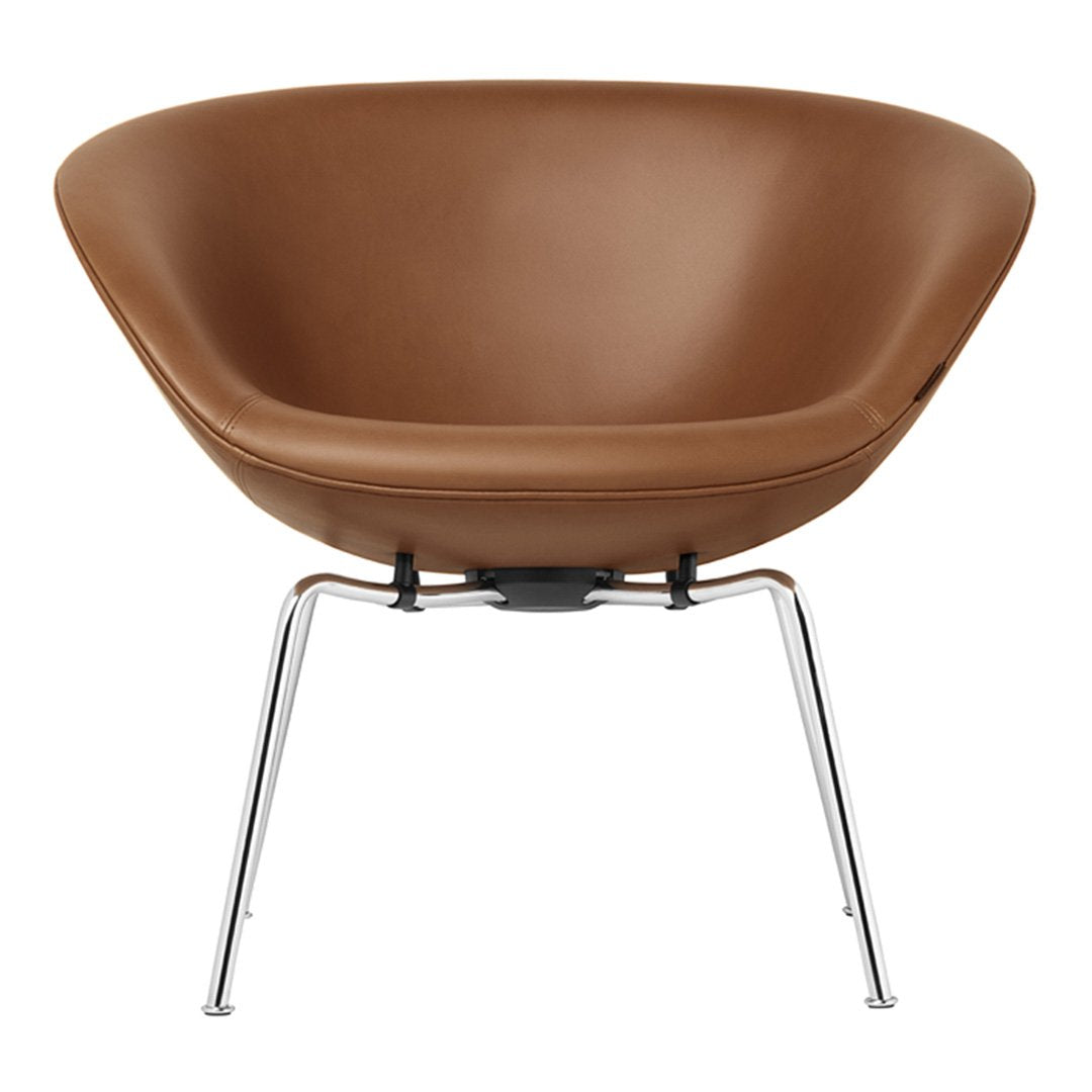Brown leather chair with sleek chrome legs, featuring a smooth, modern design and curvy silhouette.