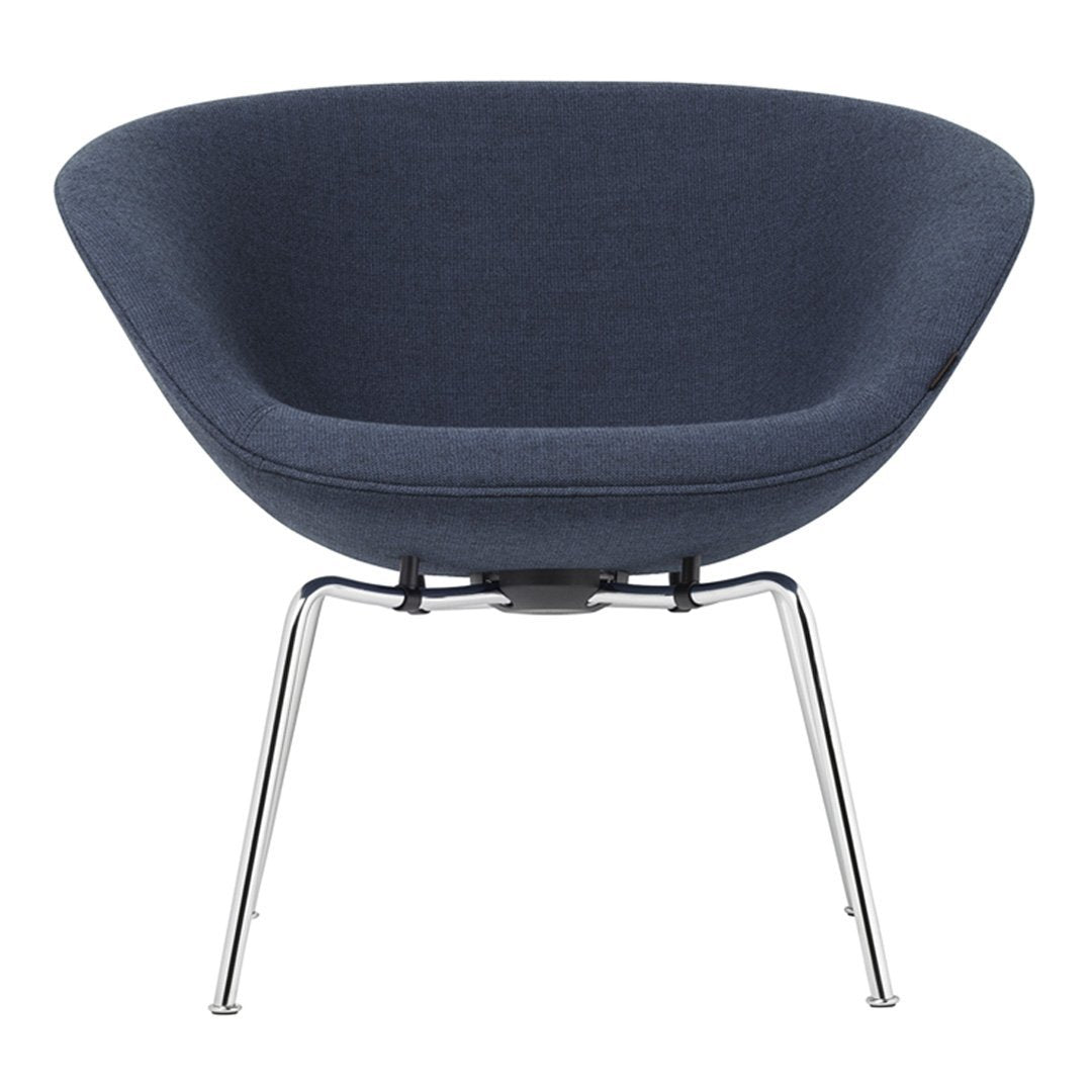 Dark blue upholstery with a smooth texture, featuring a sleek chrome frame and minimalist design.