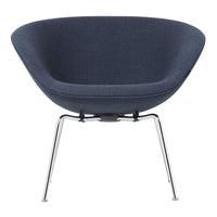Dark blue upholstery with a smooth texture, featuring a sleek chrome frame and minimalist design.