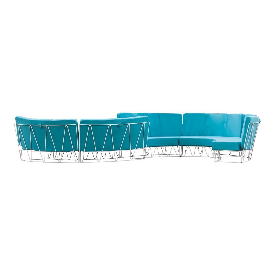 Teal sectional sofa with modern geometric patterns and sleek silver wireframe design. Perfect for contemporary spaces.