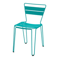 Turquoise metal chair with sleek, modern design and horizontal stripe pattern. Ideal for contemporary decor.