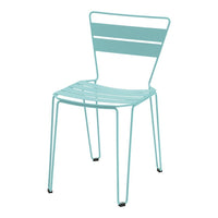 Aqua blue metal chair with modern striped design, perfect for stylish outdoor or indoor seating.