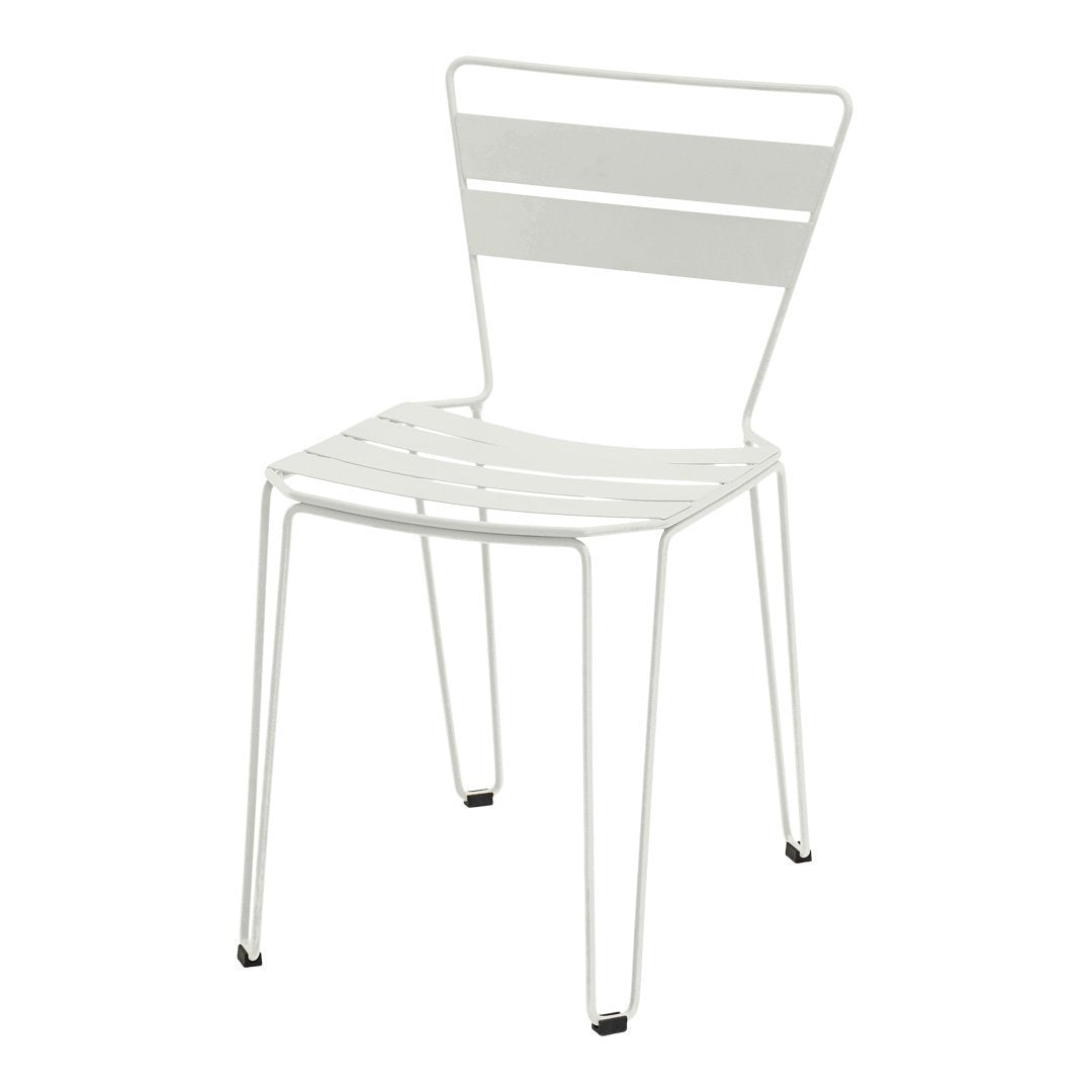 White metal chair with a sleek, minimalist design featuring horizontal slats and slender legs. Perfect for modern decor.