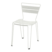 White metal chair with a sleek, minimalist design featuring horizontal slats and slender legs. Perfect for modern decor.