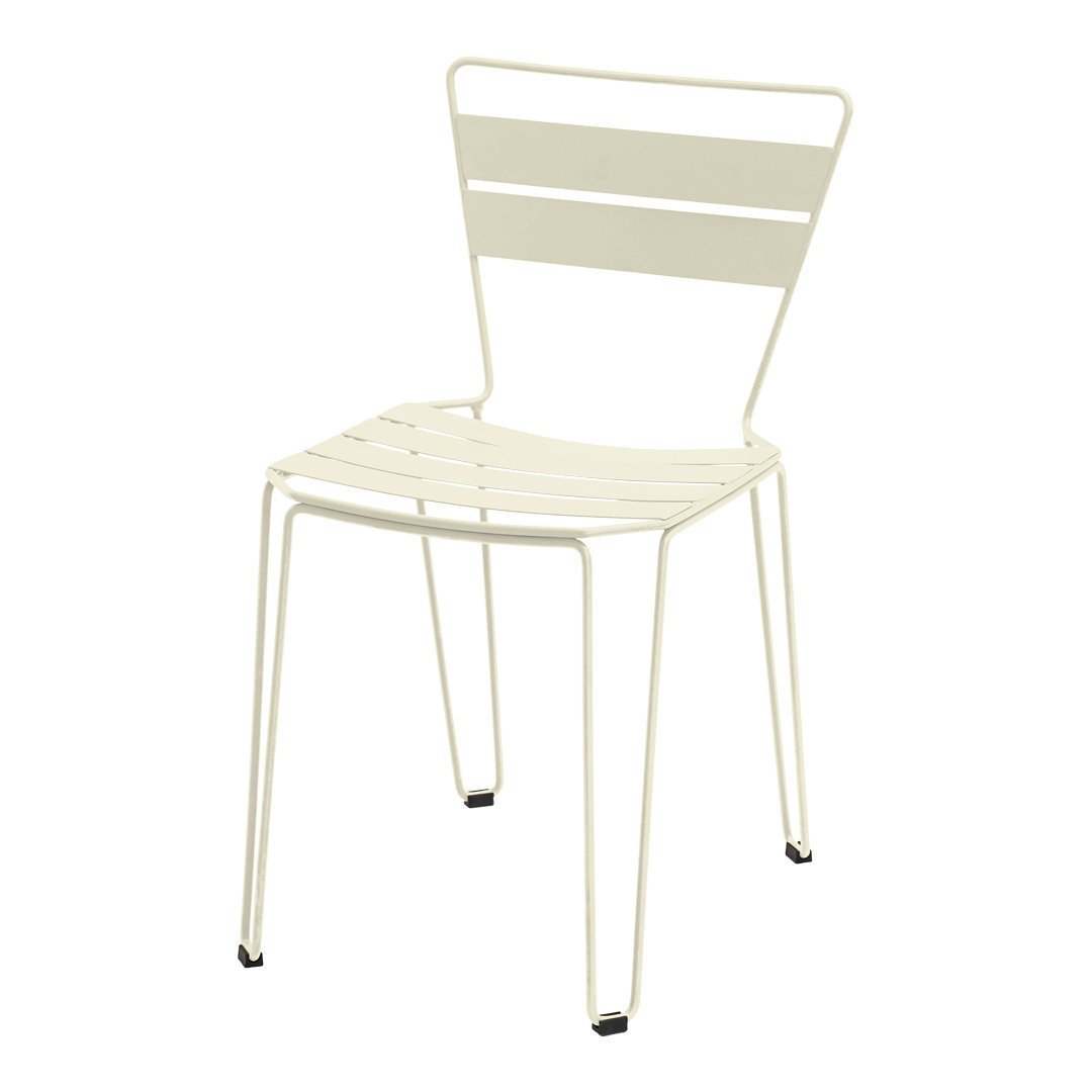 Beige metal chair with a sleek, striped design and minimalist structure, perfect for modern decor.