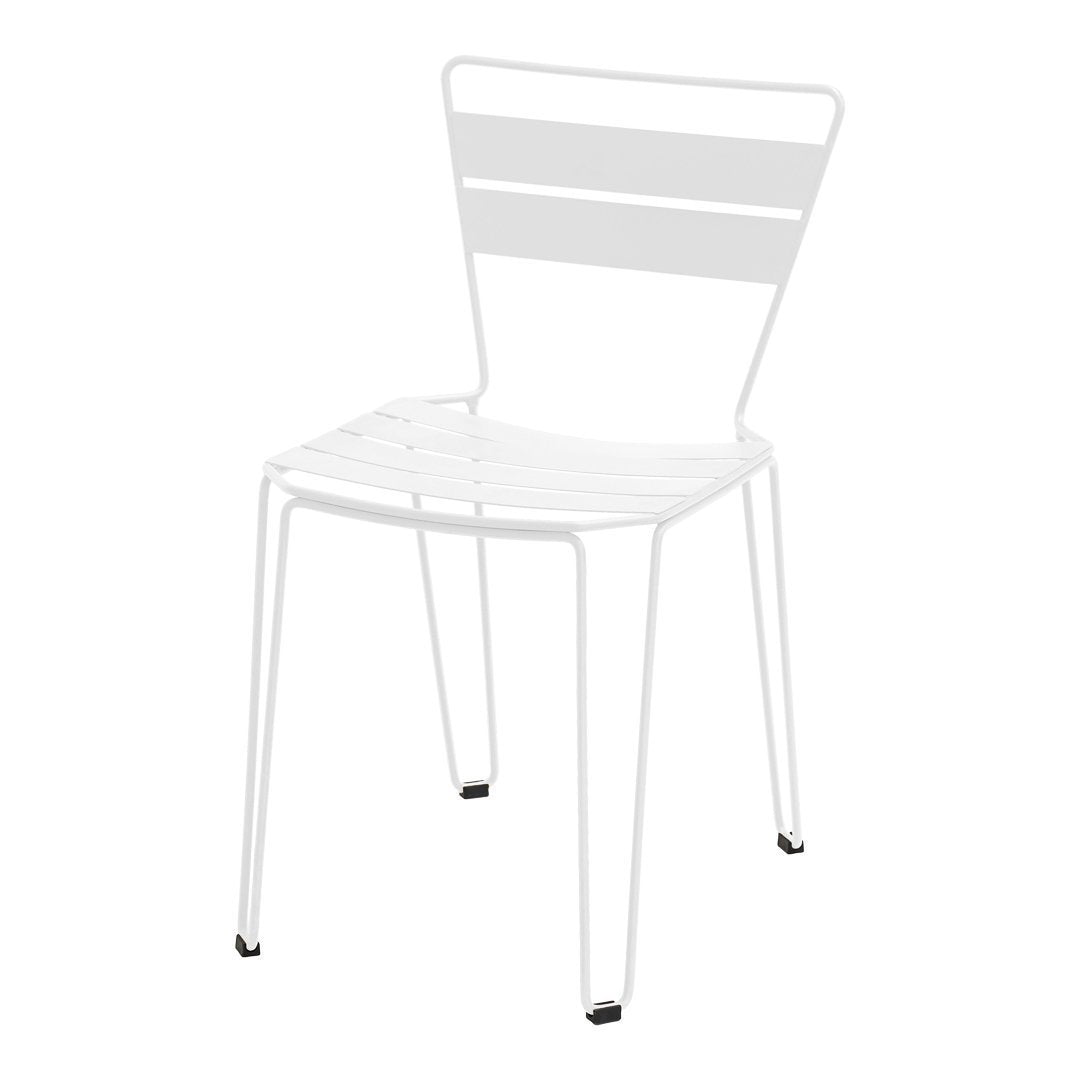 White metal chair with horizontal slats, simple and modern design, perfect for indoor or outdoor use.