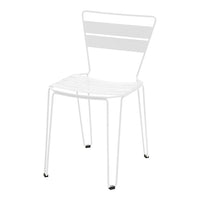 White metal chair with horizontal slats, simple and modern design, perfect for indoor or outdoor use.