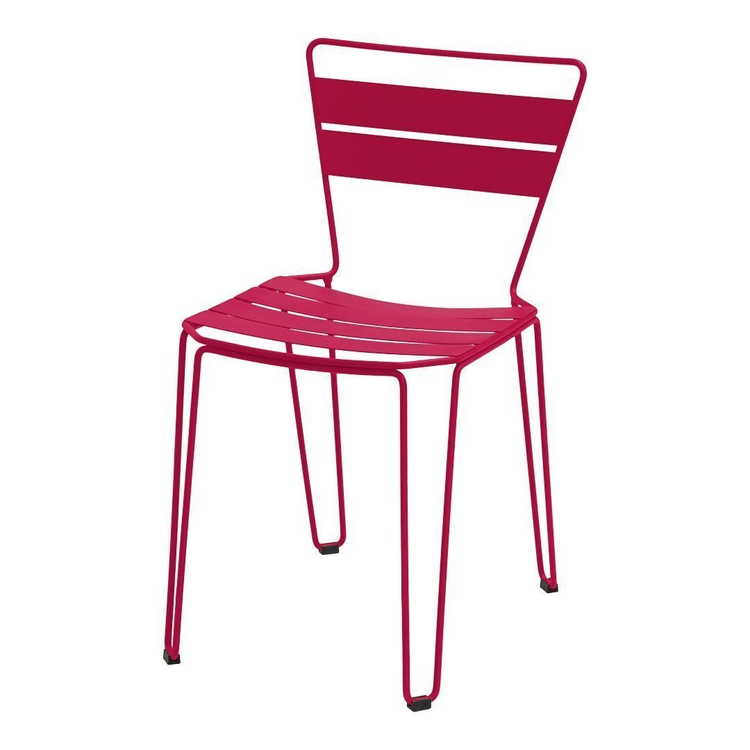 Bright pink metal chair with horizontal stripes, perfect for adding a pop of color to any space.