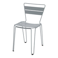 Modern gray metal chair with sleek, horizontal slat pattern and tapered legs, perfect for contemporary spaces.