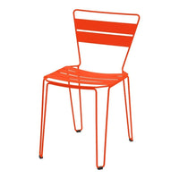 "Bright orange metal chair with slatted back and seat, perfect for modern outdoor decor."