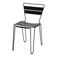 Black metal chair with horizontal striping on the backrest and seat, featuring a sleek contemporary design.