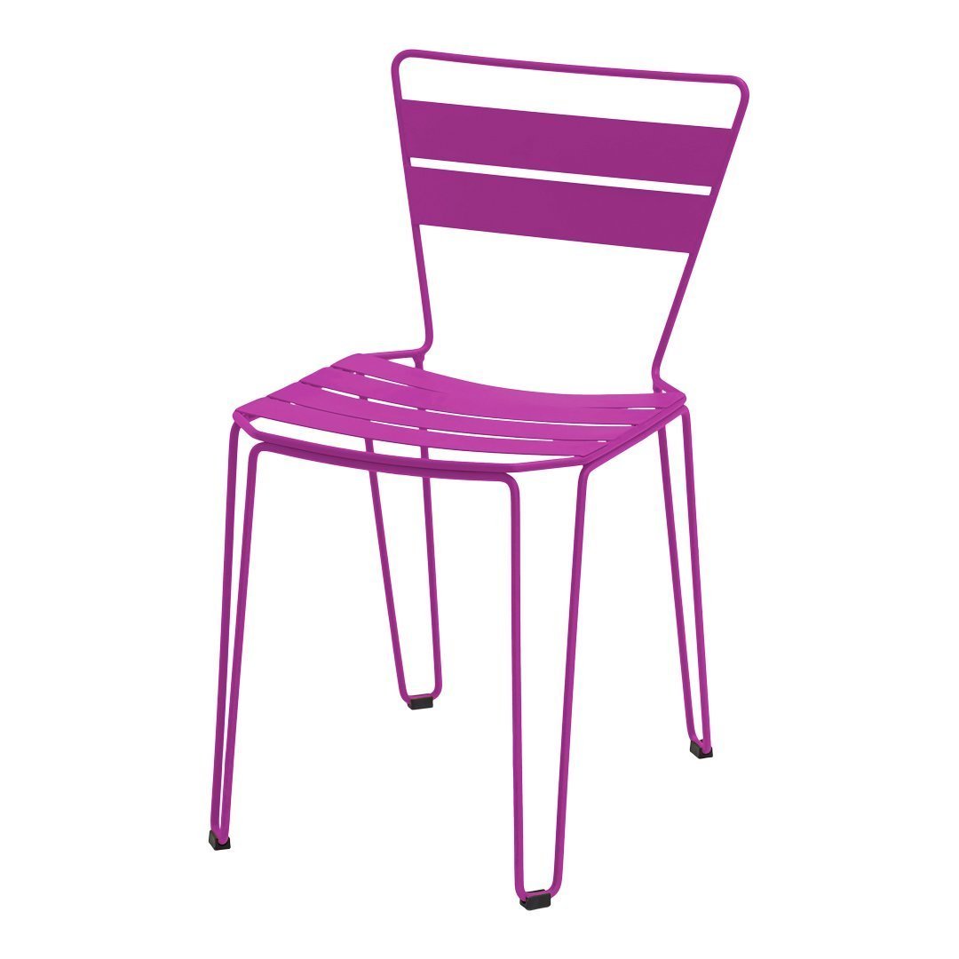 Vibrant purple chair with sleek, striped design and minimalistic metal frame. Perfect for modern decor.