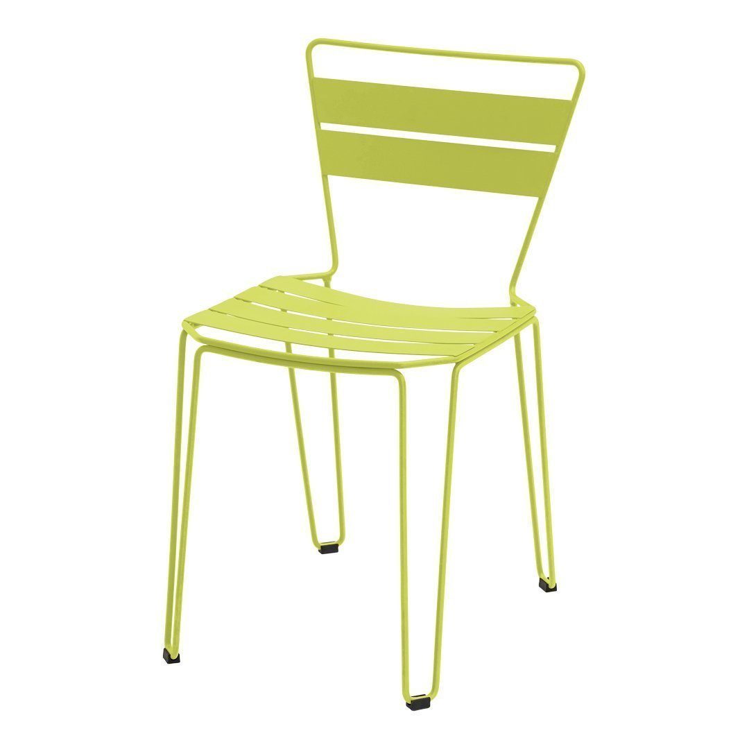 Bright lime green dining chair with horizontal slat pattern, perfect for adding a pop of color to any space.