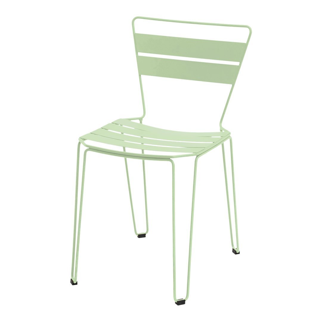 Light green metal chair with horizontal slat pattern, perfect for outdoor decor or modern aesthetic.