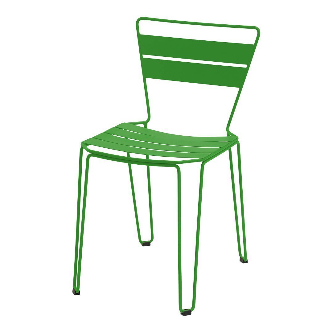 Bright green metal chair with horizontal slat pattern, perfect for outdoor or modern décor.