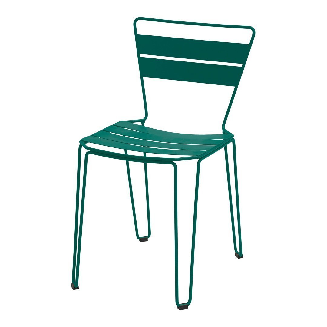 Teal metal chair with horizontal stripes, perfect for modern outdoor or indoor decor. Adjustable for any space.