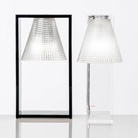 "Contemporary black and clear table lamps with textured, grid-patterned shades."