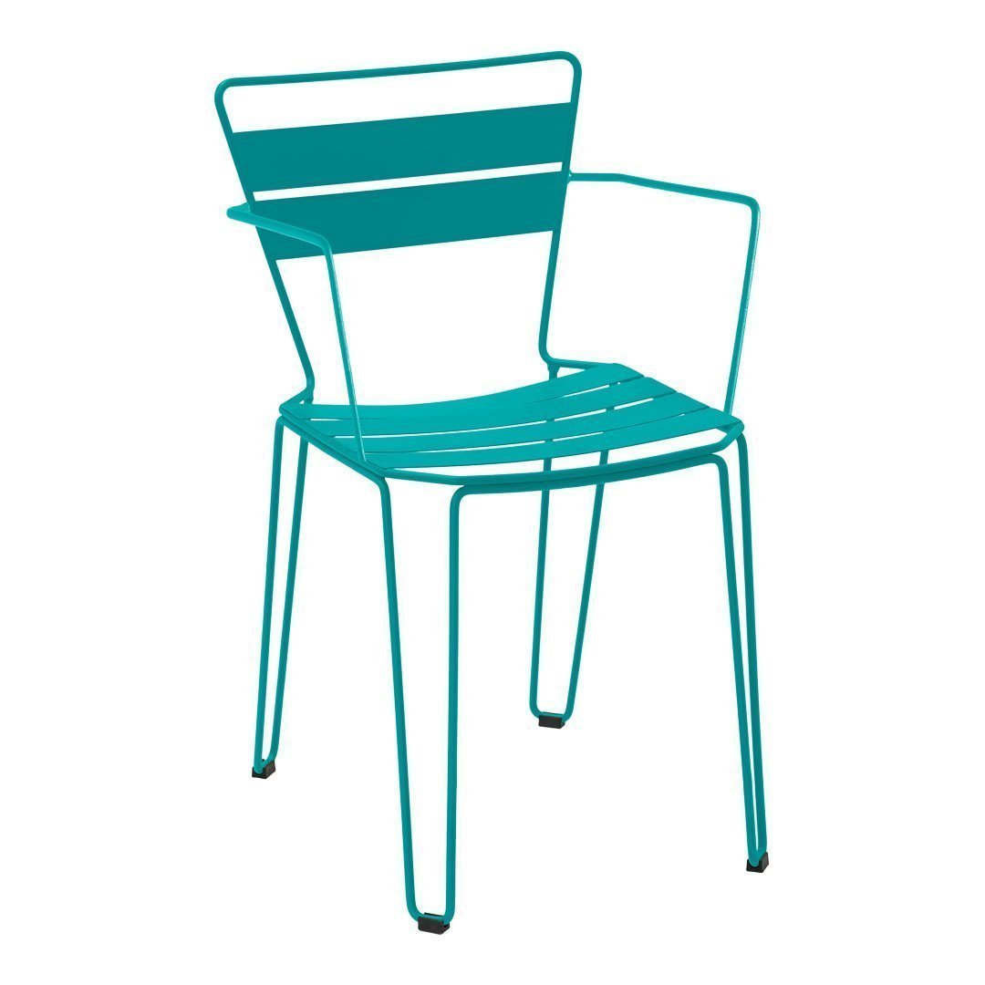 Turquoise metal chair with sleek striped design and open armrests, perfect for outdoor and modern decor.