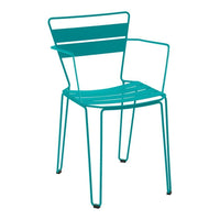 Turquoise metal chair with sleek striped design and open armrests, perfect for outdoor and modern decor.