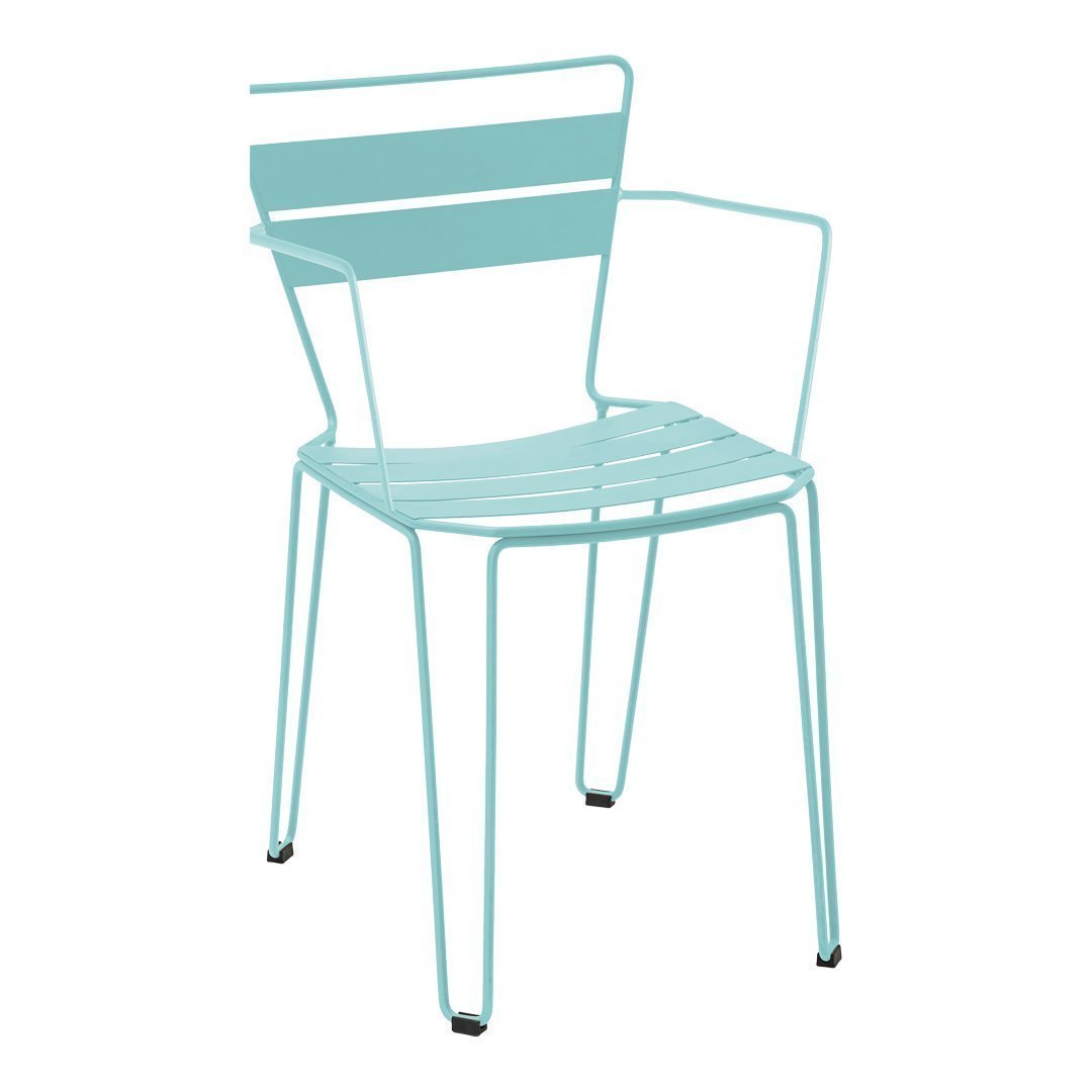 Mint green stackable chair with sleek, minimalist design and horizontal slats. Ideal for modern decor.