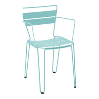 Mint green stackable chair with sleek, minimalist design and horizontal slats. Ideal for modern decor.