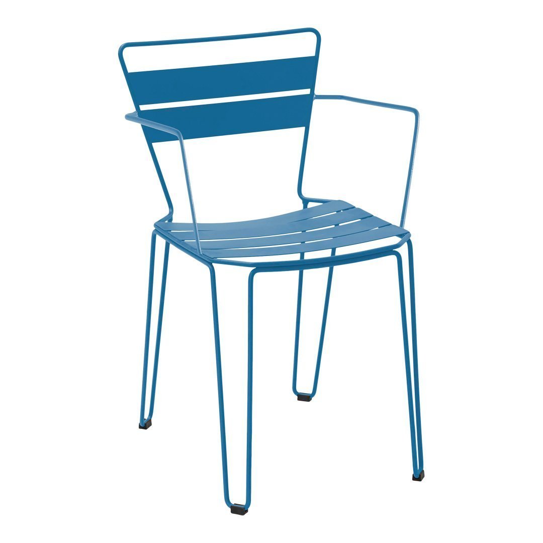 Blue metal chair with a modern striped pattern, featuring a sleek armrest design. Perfect for contemporary decor.