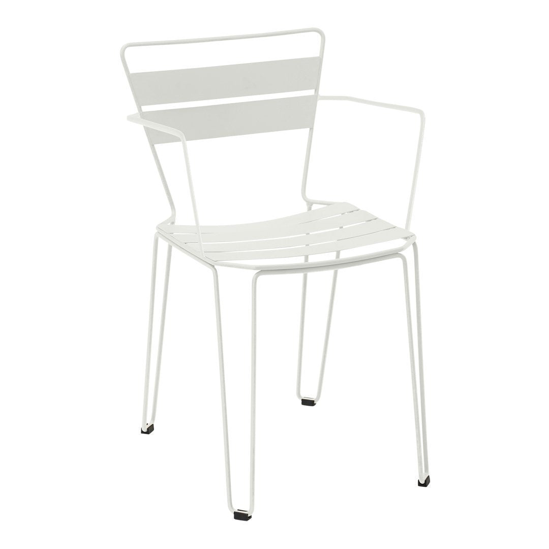 White metal chair with sleek, modern lines and a minimalistic striped pattern on the backrest. Ideal for outdoor or indoor use.