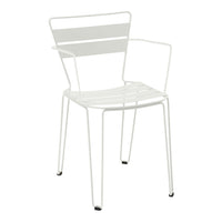 White metal chair with sleek, modern lines and a minimalistic striped pattern on the backrest. Ideal for outdoor or indoor use.