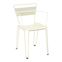 White metal chair with striped backrest and smooth seat, perfect for modern outdoor or indoor settings.