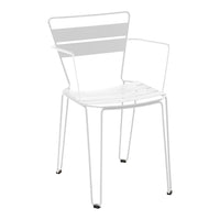 White metal chair with a modern design featuring subtle horizontal stripes on the backrest. Perfect for outdoor use.