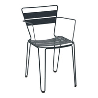 Black metal chair with sleek horizontal slats and minimalist design, perfect for modern outdoor or indoor settings.