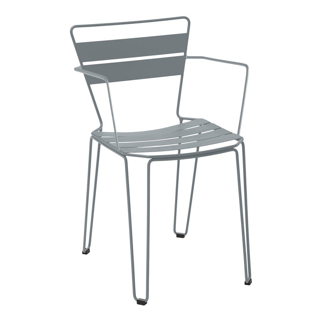 Gray metal chair with a sleek striped pattern and minimalist design, perfect for modern outdoor or indoor spaces.
