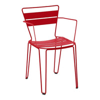 Bright red metal chair with a sleek, modern design featuring horizontal slats and minimalist arms. Perfect for outdoor use.