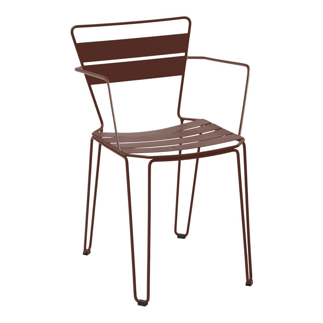 Brown metal chair with slatted design and minimalist style, perfect for modern outdoor seating.