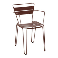 Brown metal chair with slatted design and minimalist style, perfect for modern outdoor seating.