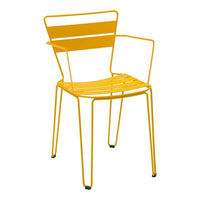 Bright yellow metal chair with a minimalist striped design, perfect for outdoor or modern indoor decor.
