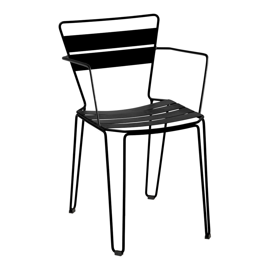 Black metal chair with horizontal stripe pattern, featuring sleek lines and minimalistic design.