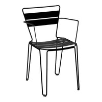 Black metal chair with horizontal stripe pattern, featuring sleek lines and minimalistic design.